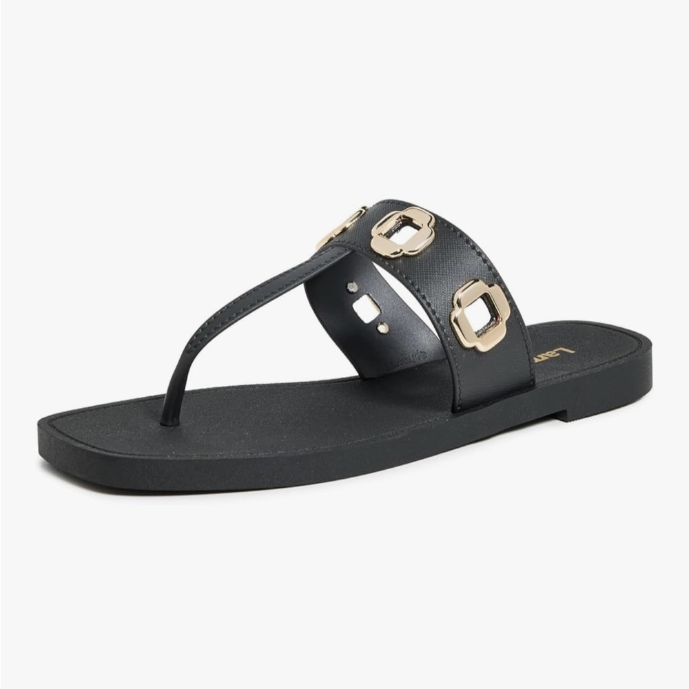 Larroude Black Thong Sandal with Gold Buckle Accents
